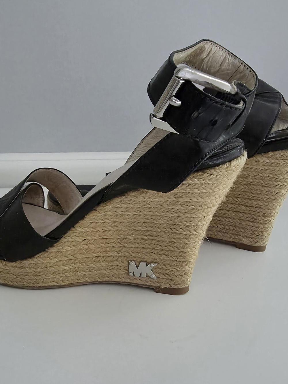 Michael Kors Black Leather Espadrille Wedge Sandals